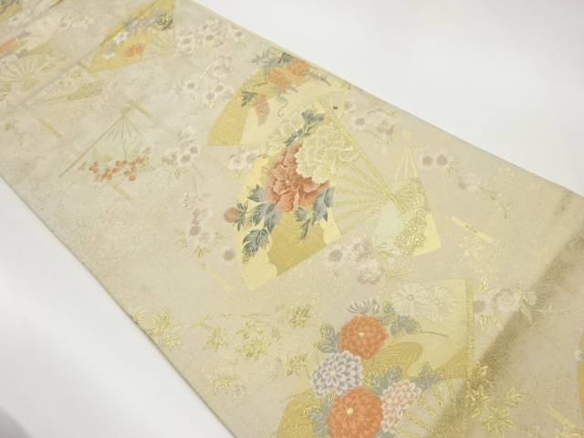 扇散らしに花々模様織出し袋帯